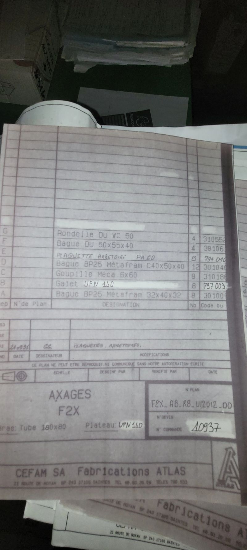 Plan d'origine « Axages F2X » de la table n° 10937, signé CEFAM SA Fabrications Atlas, retrouvé dans les archives
